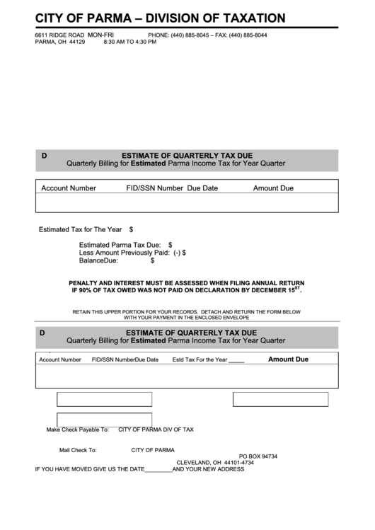 Estimate Of Quarterly Tax Due City Of Parma Division Of Taxation