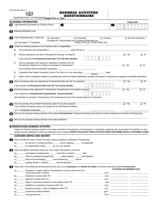 Form Rev-203 Cm - Business Activities Questionnaire - 1999 Printable pdf