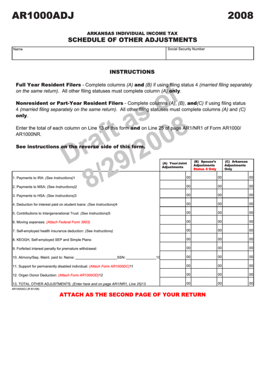 Form Ar1000adj Draft - Arkansas Individual Income Tax Schedule Of Other Adjustments - 2008 Printable pdf