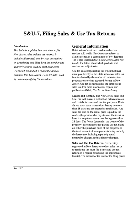 S&u-7 Filing Sales & Use Tax Returns - New Jersey Department Of The Treasury Printable pdf