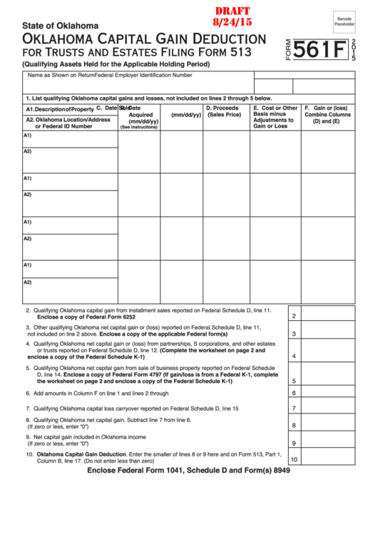 Form 561f Draft - Oklahoma Capital Gain Deduction For Trusts And Estates - 2015 Printable pdf