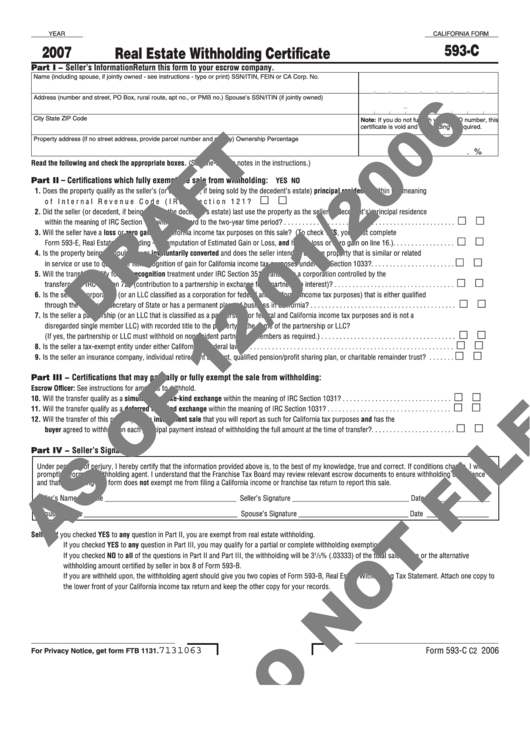 California Form 593-C Draft - Real Estate Withholding Certificate Printable pdf