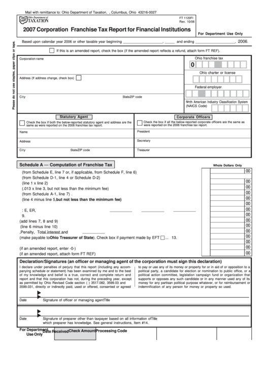 Form Ft 1120fi - Corporation Franchise Tax Report For Financial Institutions - 2007 Printable pdf