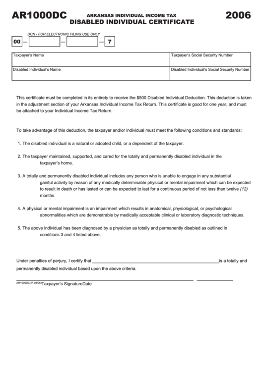 Form Ar1000dc - Disabled Individual Certificate - 2006 Printable pdf