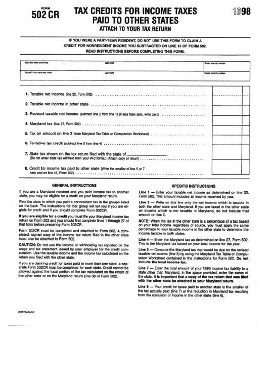 Form 502cr - Tax Credits For Income Taxes Paid To Other States - 1998 Printable pdf
