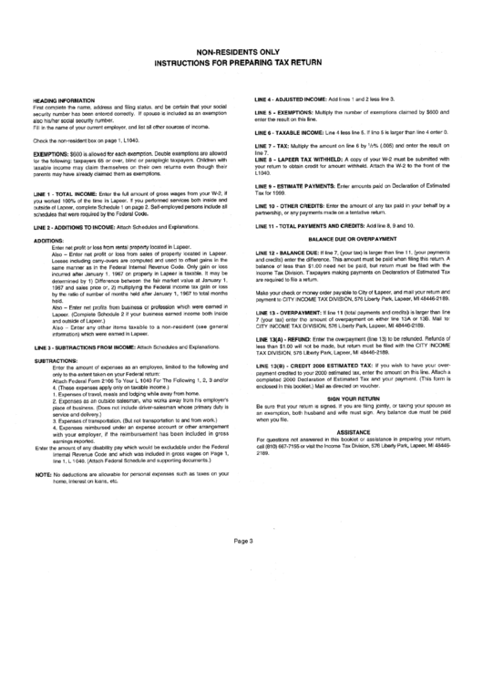 Instructions For City Of Lapeer, Michigan Individual Return - 1999 Printable pdf