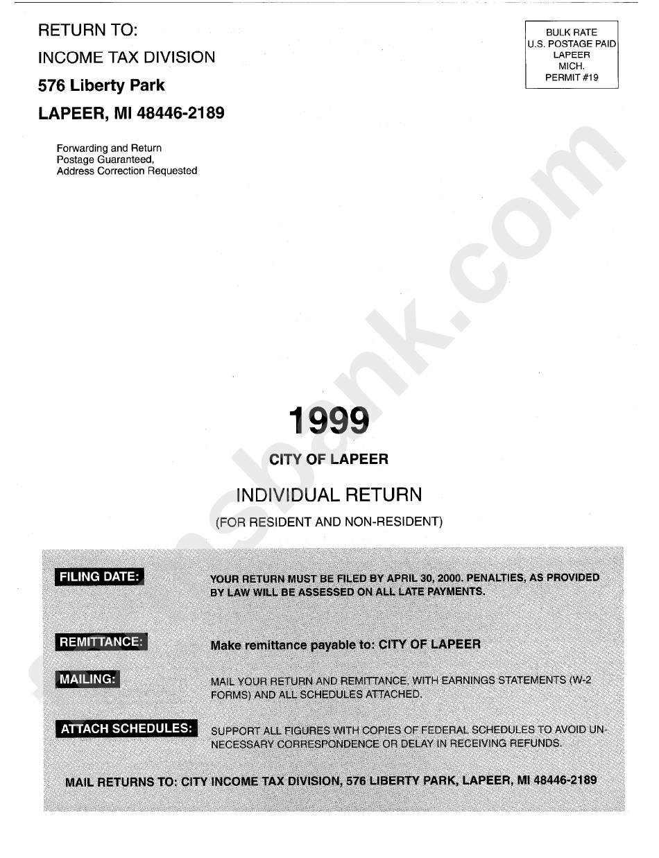 Instructions For City Of Lapeer, Michigan Individual Return - 1999