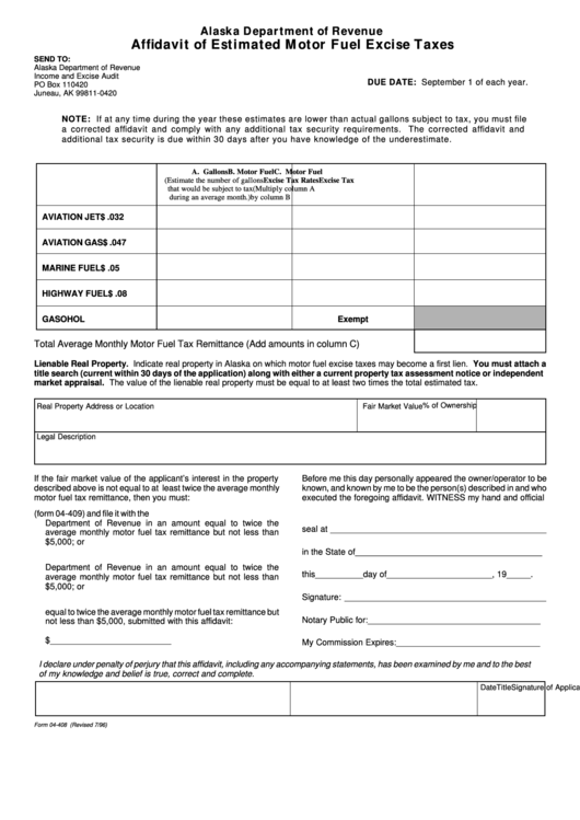 Fillable Form 04-408 - Affidavit Of Estimated Motor Fuel Excise Taxes - Alaska Department Of Revenue Printable pdf