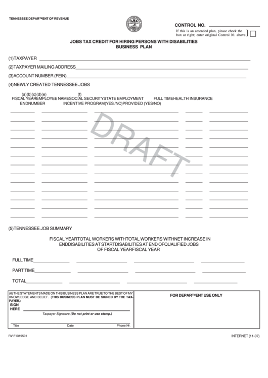 Form Rv-F1319501 Draft - Jobs Tax Credit For Hiring Persons With Disabilities Business Plan Printable pdf