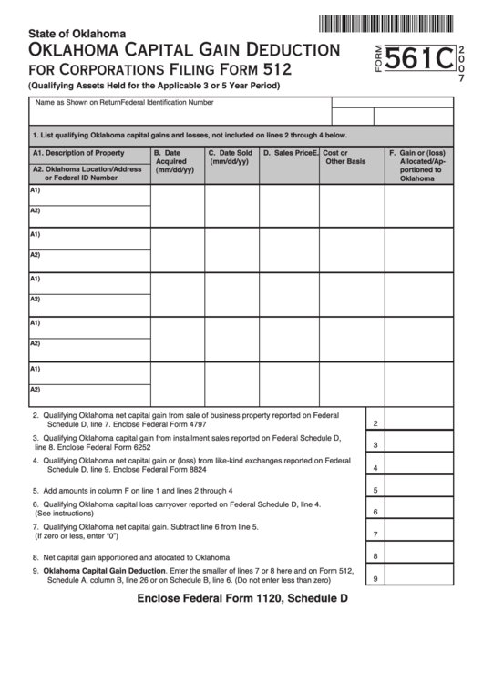 Form 561c - Oklahoma Capital Gain Deduction For Corporations Filing Form 512 - 2007 Printable pdf