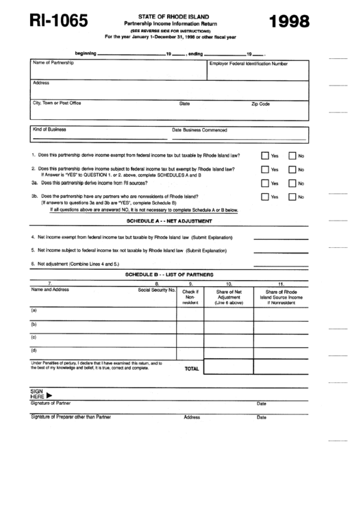 Fillable Form Ri-1065 - Partnership Income Information Return - 1998 Printable pdf