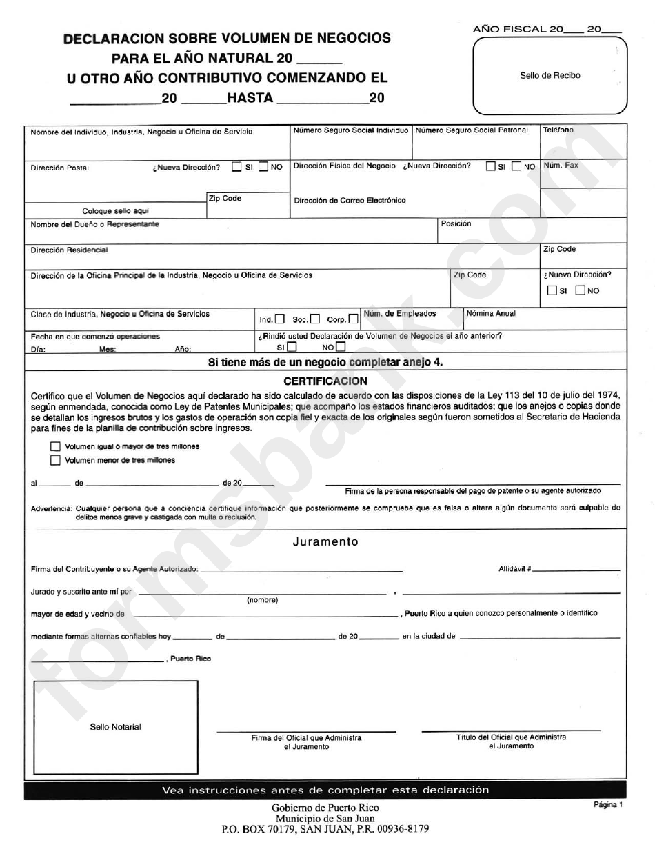 Declaration Sobre Volumen De Negocios Gobiento De Puerto Rico