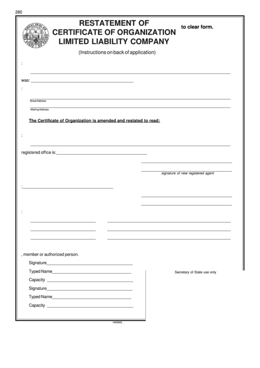 Fillable Form 280 - Restatement Of Certificate Of Organization For A Limited Liability Company - Idaho Secretary Of State Printable pdf