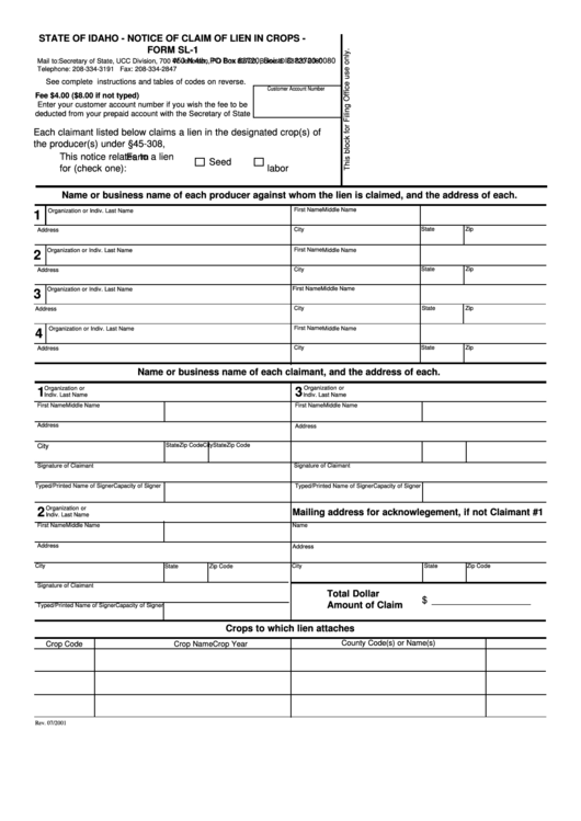 Form Sl-1 - Notice Of Claim Of Lien In Crops - Idaho Secretary Of State Printable pdf