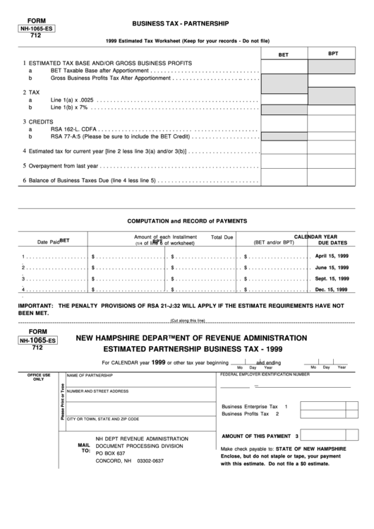 Fillable Form Nh-1065-Es - Estimated Partnership Business Tax - 1999 Printable pdf