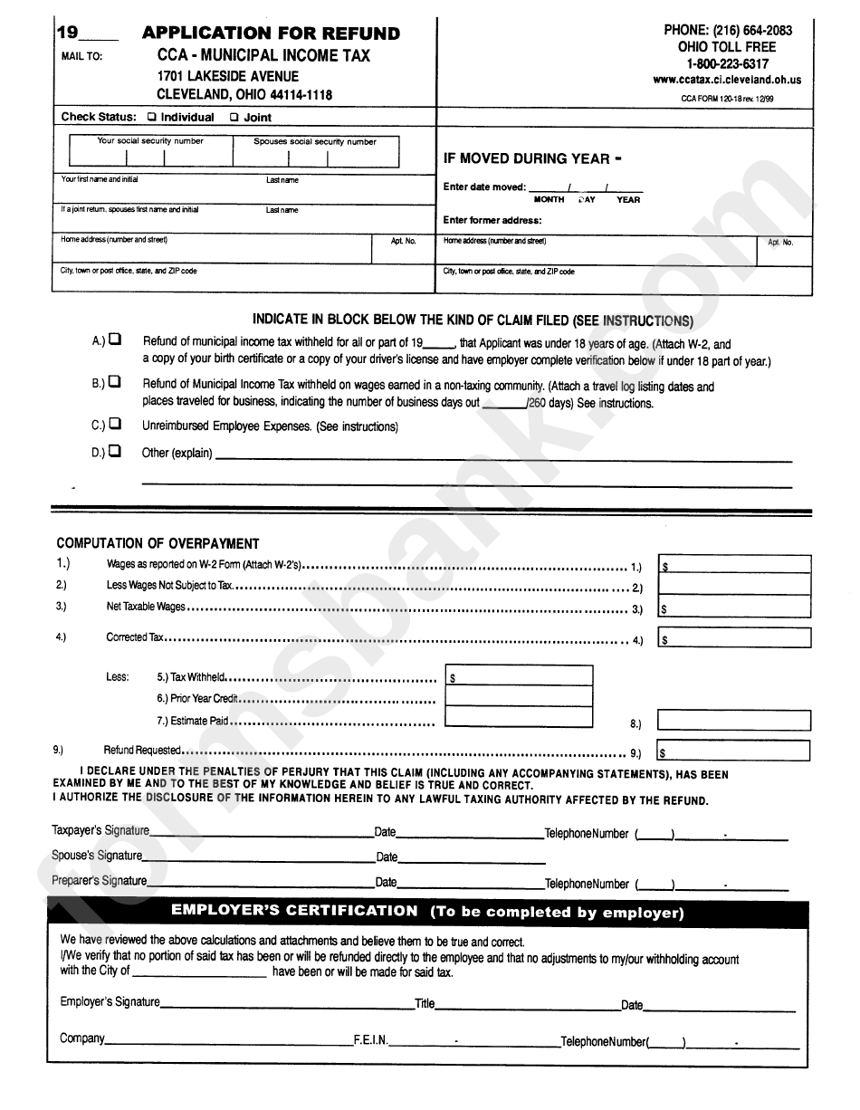 Cca Form 120-18 - Application For Refund