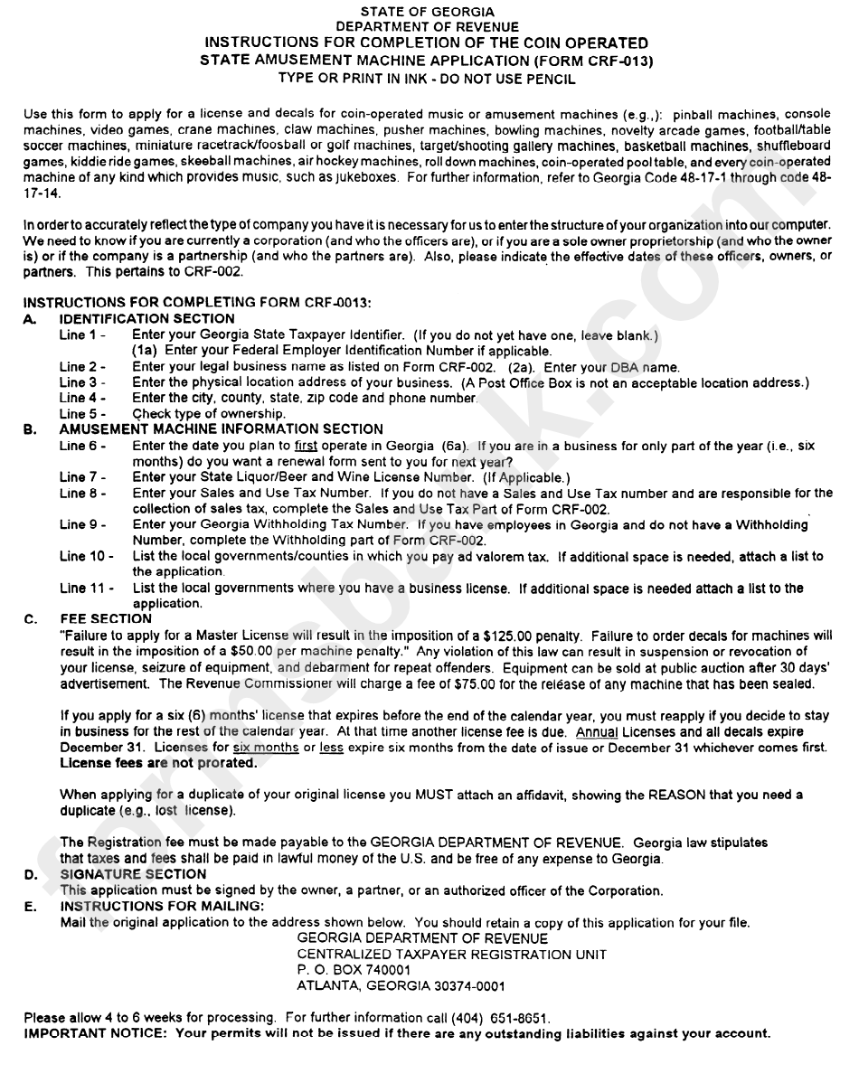 Instructions For Completing Of The Coin Operated State Amusement Machine Application (Form Crf-013) - Georgia Department Of Revenue