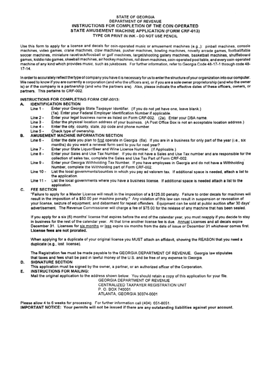 Instructions For Completing Of The Coin Operated State Amusement Machine Application (Form Crf-013) - Georgia Department Of Revenue Printable pdf
