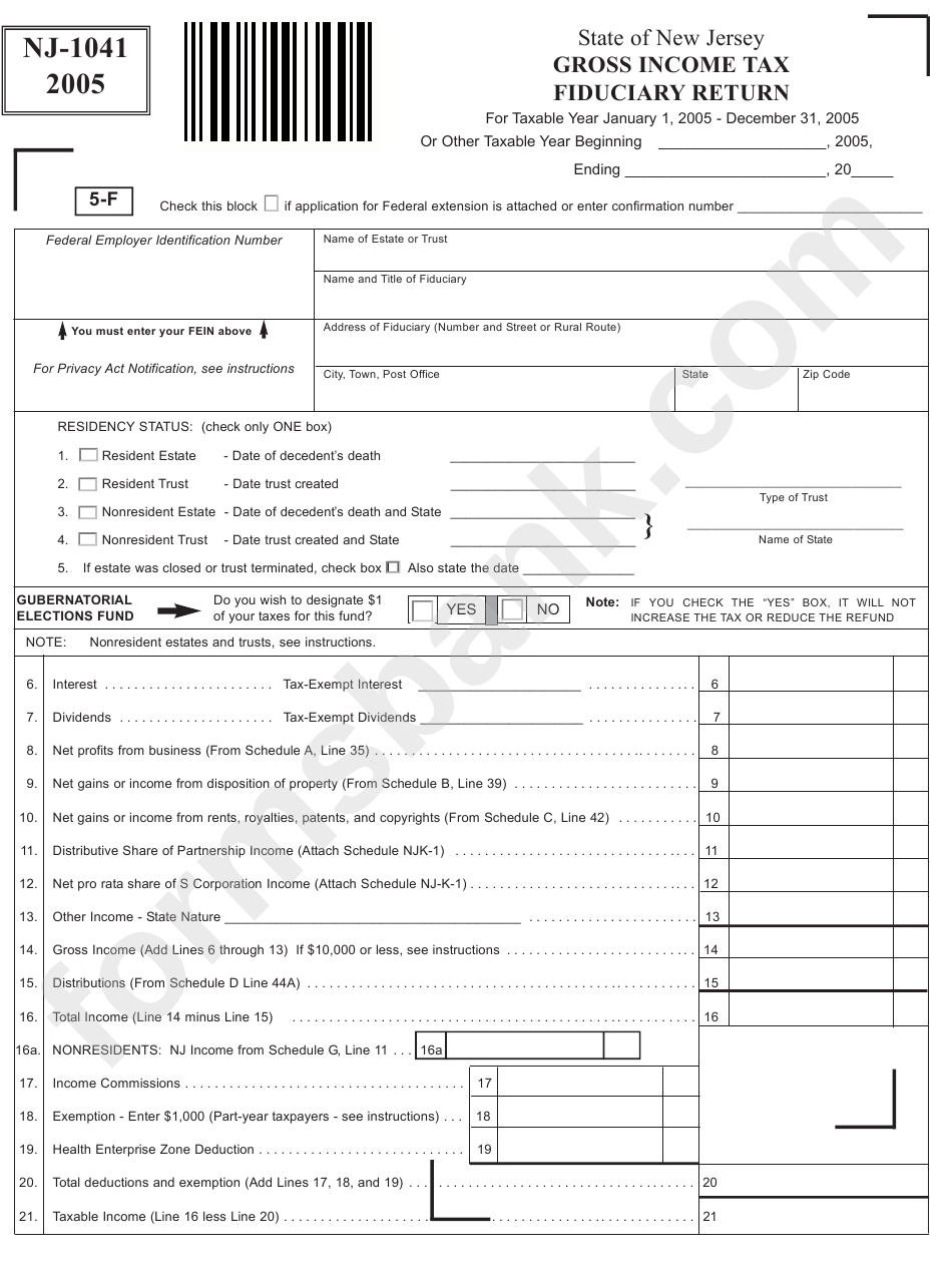 Form Nj-1041 - Gross Income Tax Fiduciary Return - 2005
