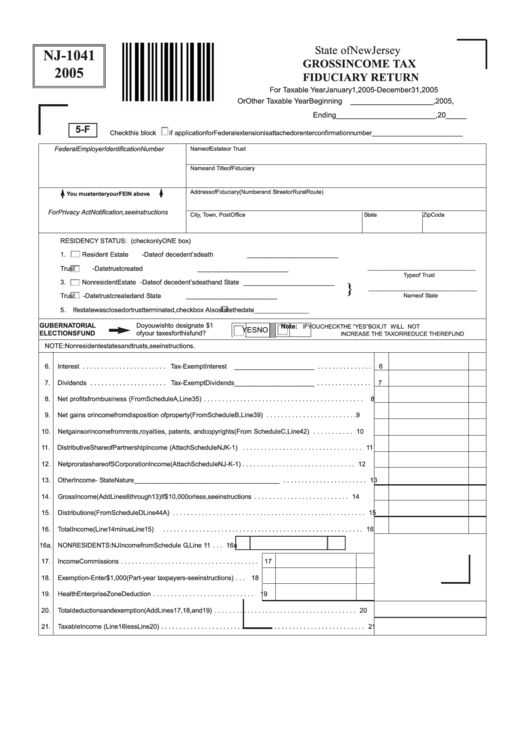 Form Nj-1041 - Gross Income Tax Fiduciary Return - 2005 Printable pdf