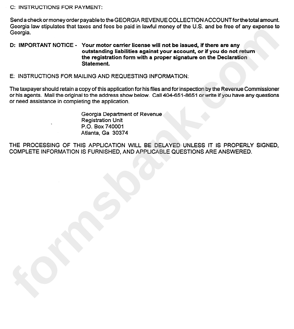 Instructions For The Completion Of The Motor Carrier Application (Crf-Ifta) - Georgia Department Of Revenue