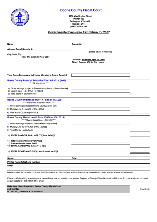 Form 3406 - Governmental Employee Tax Return For 2007 Printable pdf