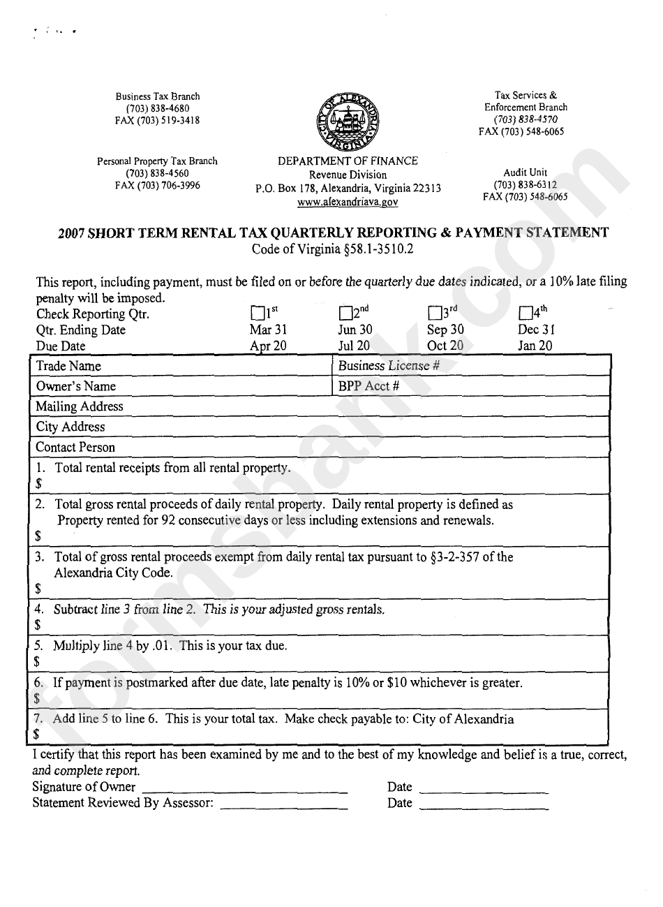 Short Term Rental Taxa Quarterly Reporting & Payment Statement - Virginia Department Of Finance - 2007