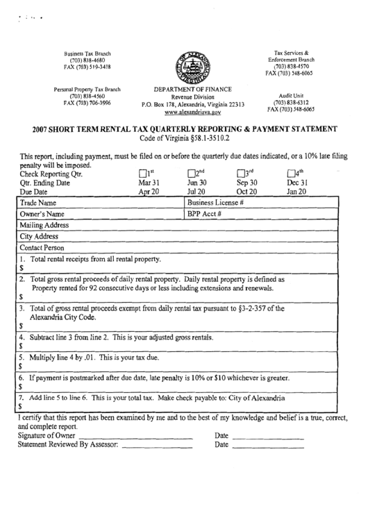 Short Term Rental Taxa Quarterly Reporting & Payment Statement - Virginia Department Of Finance - 2007 Printable pdf