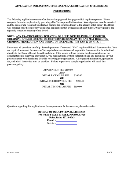 Fillable Form Bol-Acu-1 - Acupuncture Application - Idaho Bureau Of Occupational Licenses Printable pdf