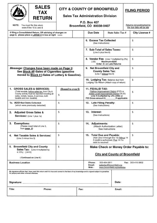 Sales Tax Return - City & County Of Broomfield Sales Tax Administration Division Printable pdf