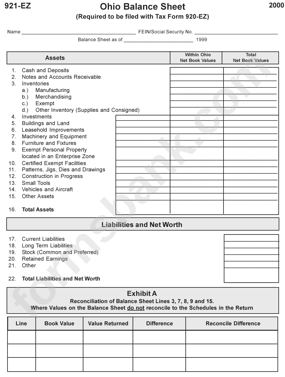 Form 921-Ez - Ohio Balance Sheet - Ohio Department Of Taxation - 2000
