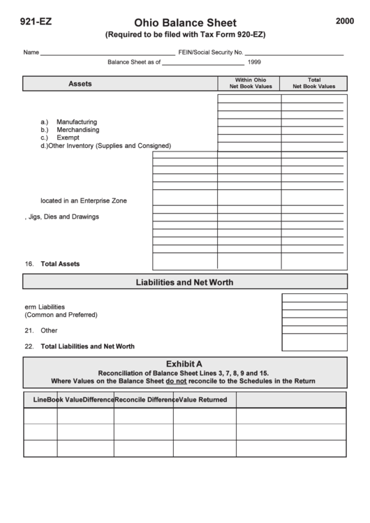 Form 921-Ez - Ohio Balance Sheet - Ohio Department Of Taxation - 2000 Printable pdf
