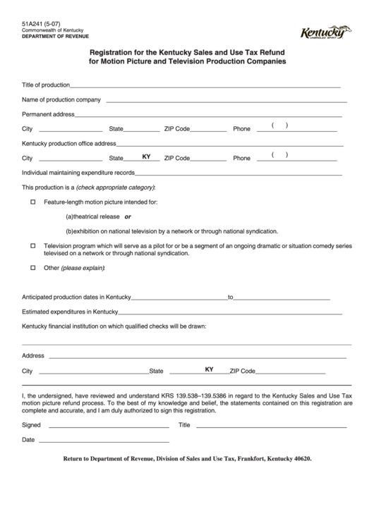 Form 51a241 - Registration For The Kentucky Sales And Use Tax Refund For Motion Picture And Television Production Companies Printable pdf