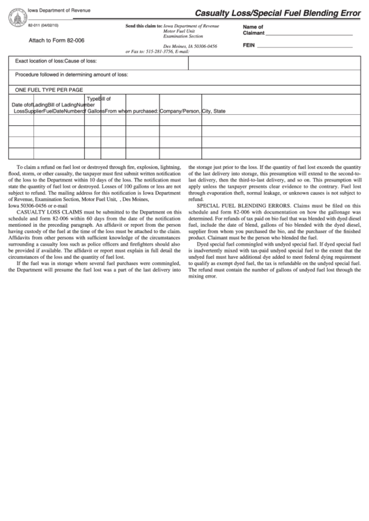 Form 82-011 - Casualty Loss/special Fuel Blending Error - Iowa Department Of Revenue Printable pdf