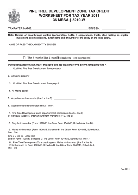 Pine Tree Development Zone Tax Credit Worksheet For Tax Year 2011 - Maine Department Of Revenue Printable pdf