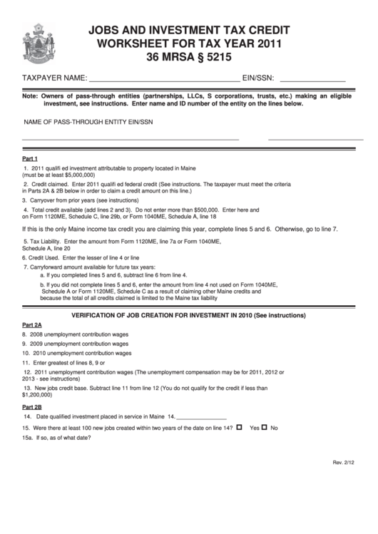 Jobs And Investment Tax Credit - Worksheet For Tax Year 2011 Printable pdf