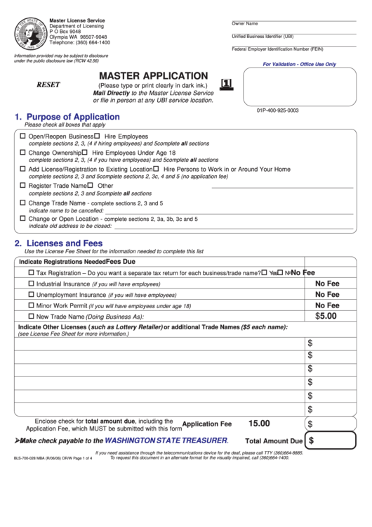 Fillable Form Bls-700-028 Mba - Master Application Printable pdf