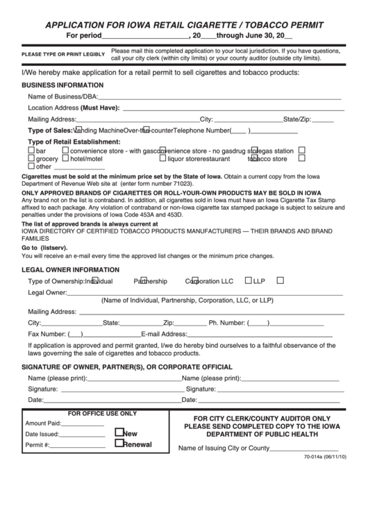Form 70-014 - Application For Iowa Retail Cigarette / Tobacco Permit Printable pdf