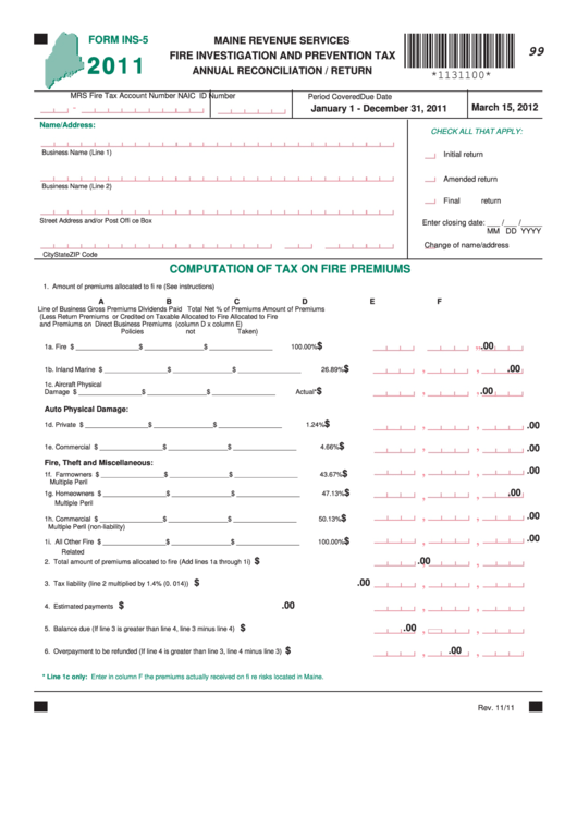Form Ins-5 - Fire Investigation And Prevention Tax Annual Reconciliation/return - 2011 Printable pdf
