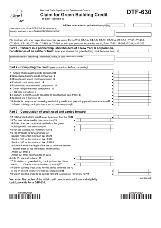 Fillable Form Dtf-630 - Claim For Green Building Credit - 2012 Printable pdf