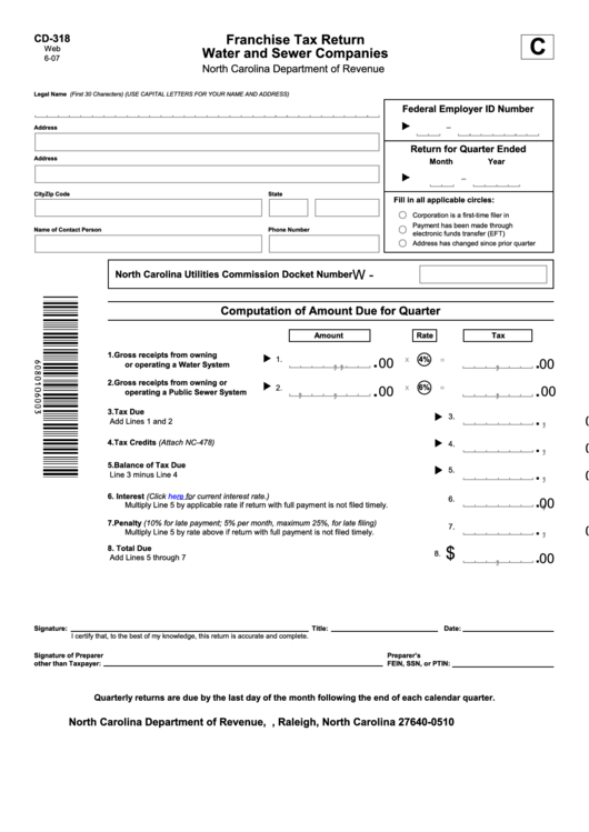 Form Cd-318 - Franchise Tax Return For Water And Sewer Companies - North Carolina Department Of Revenue Printable pdf