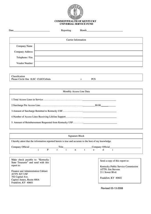 Universal Service Fund Monthly Reporting Form - Commonwealth Of Kentucky Printable pdf