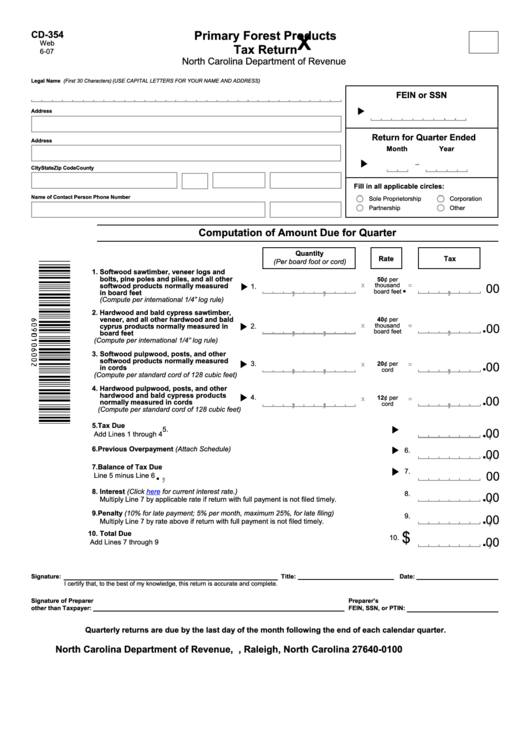 Form Cd-354 - Tax Return For Primary Forest Products - North Carolina Department Of Revenue Printable pdf