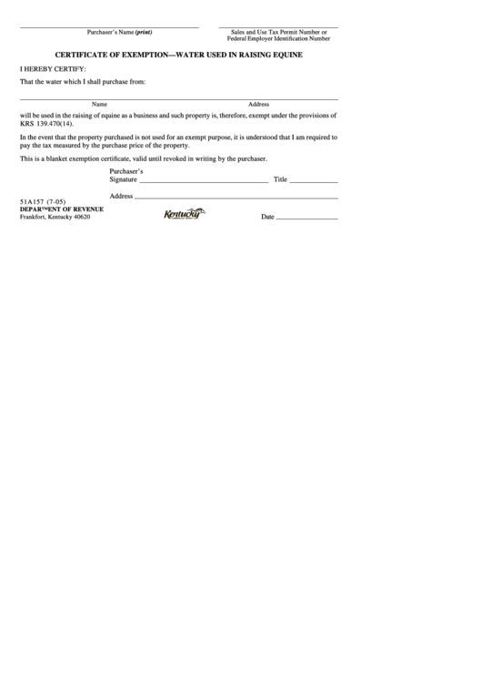 Form 51a157 - Certificate Of Exemption-Water Used In Raising Equine Printable pdf