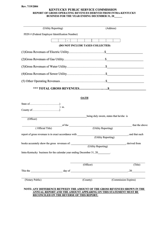 Report Of Gross Operating Revenues Derived From Intra-Kentucky Business - Kentucky Public Service Commission Printable pdf