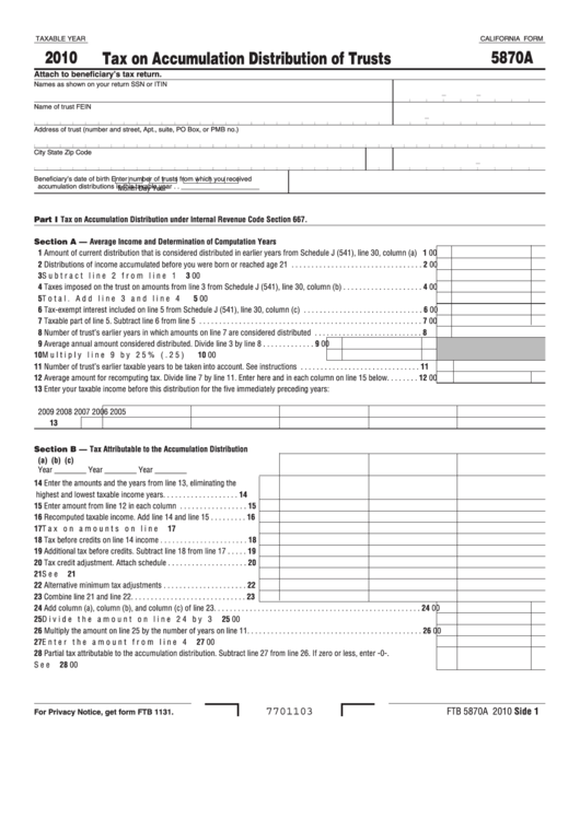 Fillable California Form 5870a - Tax On Accumulation Distribution Of Trusts - 2010 Printable pdf