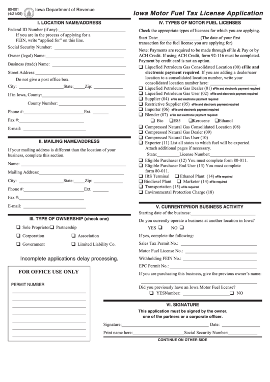 Fillable Form 80-001 - Iowa Motor Fuel Tax License Application Printable pdf