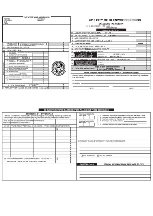 Sales/use Tax Return - City Of Glenwood Springs - 2010 Printable pdf