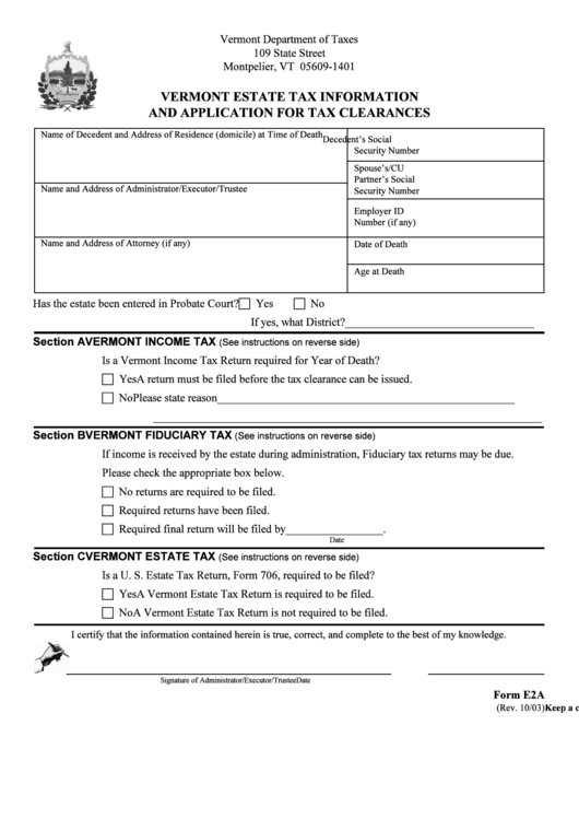 Form E2a - Vermont Estate Tax Information And Application For Tax Clearances Printable pdf