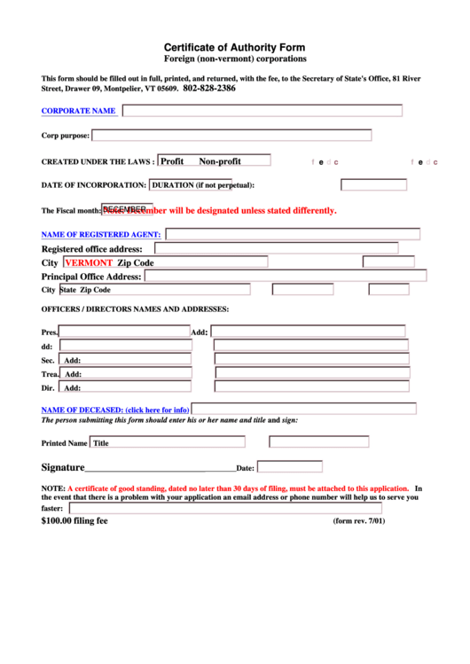 Certificate Of Authority Form For Foreign (Non-Vermont) Corporations - Vermont Secretary Of State Printable pdf